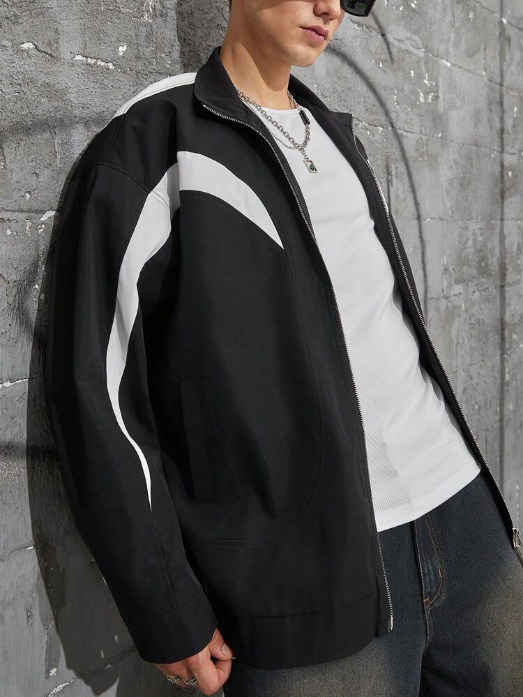 Men's Oversized Contrast Panel Zipper Jacket Outdoor Windbreaker