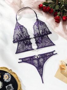 花卉蕾絲鏤空內衣套裝 - 紫色 - 查看 1