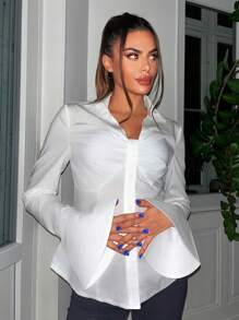 SHEIN SXY Áo sơ mi tay loe có xếp nếp bán thân - trắng - Xem 5