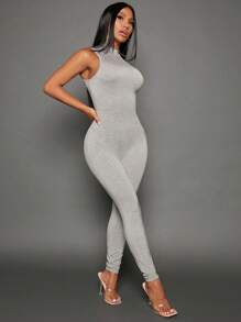 SHEIN SXY Solid Mock Neck Unitard Jumpsuit - Grey - View 3