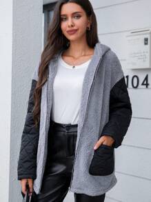 SHEIN LUNE 拼色落肩連帽泰迪大衣 - 彩色 - 查看 5