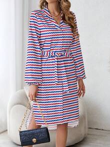 SHEIN Frenchy 鋸齒形印花燈籠袖腰帶襯衫洋裝 - 彩色 - 查看 6