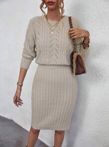 Chiquease Cable Knit Drop Shoulder Sweater Dress - Khaki - View 4