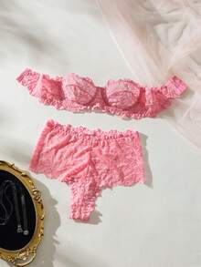 SHEIN Set De lencería con aros de encaje floral - Rosa - Ver 4