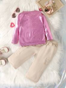 Baby Girl Heart & Letter Graphic Tee & Flap Pocket Pants - Pink - View 2