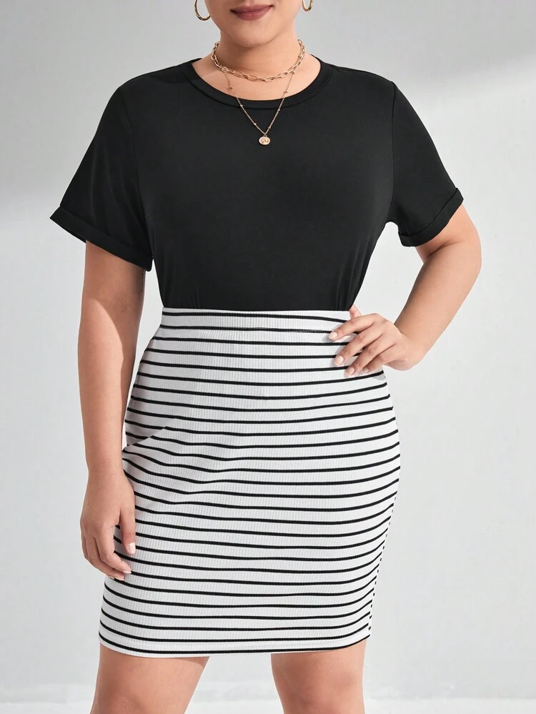 Plus Solid Tee & Striped Print Skirt