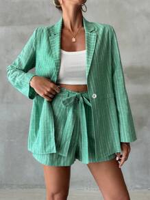 EURMUSE Striped Lapel Single-Breasted Suit Jacket And Shorts Set - Blue and White - View 3