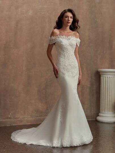 Off Shoulder Mermaid Hem Lace Wedding Dress Elegant Bridal Dress,Bride