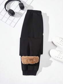 SHEIN Tween Boy Letter Graphic Thermal Lined Sweatpants - Black - View 2