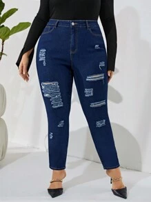 SHEIN Frenchy Plus Ripped Skinny Jeans - Dark Wash - View 2