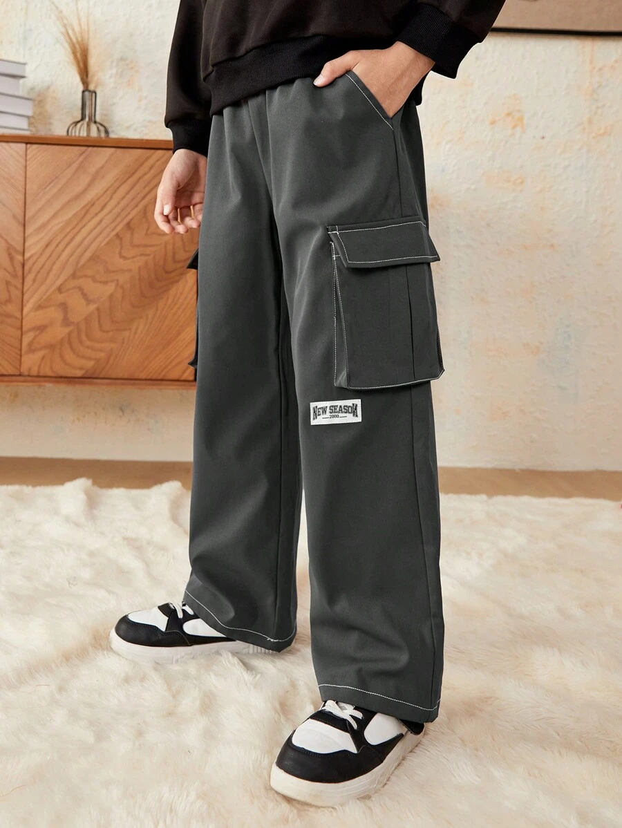 SHEIN Tween Boy Letter Graphic Flap Pocket Side Cargo Pants - Grey - View 1