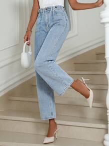 SHEIN Privé High Waist Straight Leg Jeans - Blue - View 5