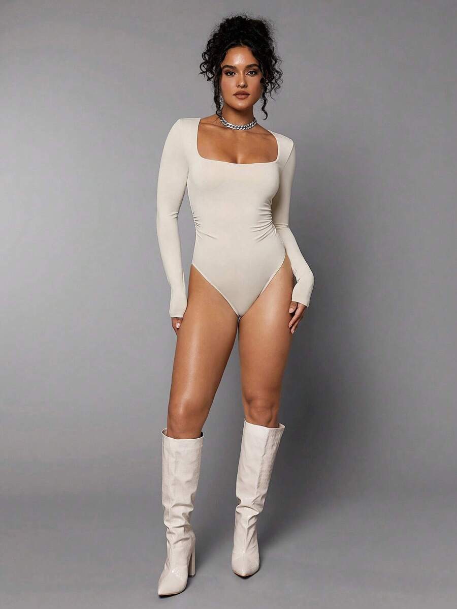 Silquee Square Neck Slim Fit Bodysuit - Beige - View 1