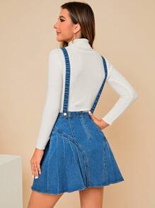 SHEIN Privé 素色褶皺牛仔背帶裙不帶上衣 - 中等水洗藍 - 查看 2