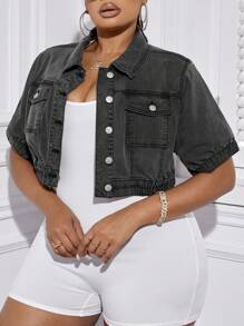 SHEIN Essnce Plus Flap Pocket Denim Jacket - Grey - View 1