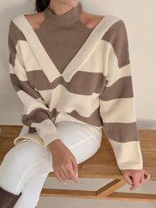 DAZY Two Tone Drop Shoulder 2 In 1 Sweater,Long Sleeve Tops Fall - Khaki - View 3