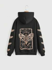 Plus Size Women Skull & Butterfly Pattern Zip-Up Drawstring Hooded Sweatshirt, Autumn - Black - View 1