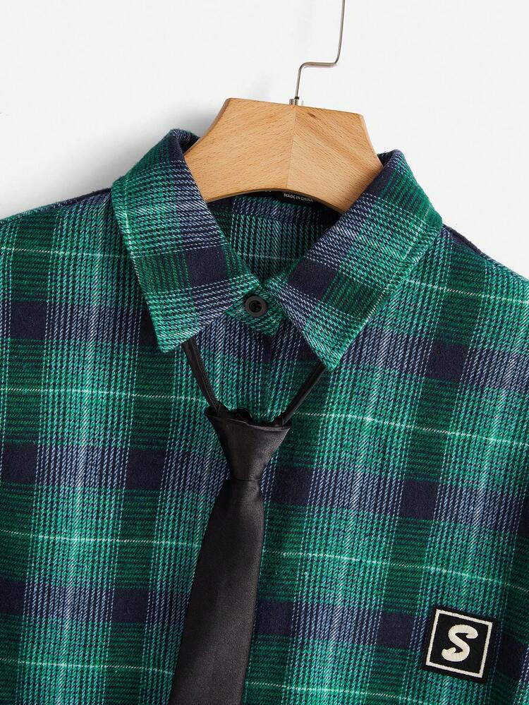 Plaid Print Drop Shoulder Shirt With Necktie