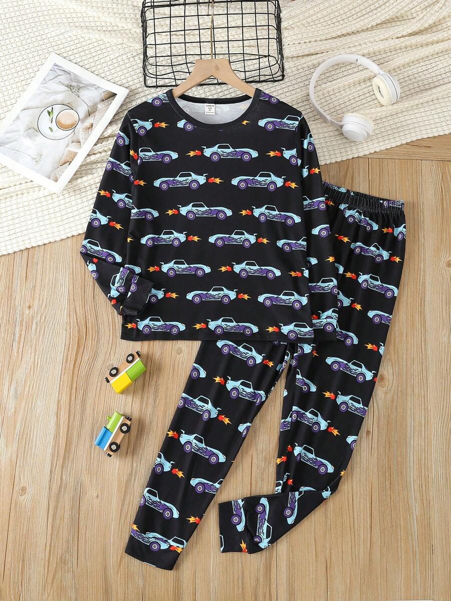 Tween Boy Allover Car Print Tee & Pants PJ Set - Black - View 1