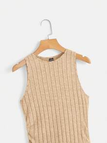 SHEIN EZwear Solid Ribbed Knit Split Hem Ruched Dress - Apricot - View 3