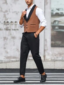 Calvornis Men Contrast Panel Shawl Collar Blazer Vest & Suit Pants