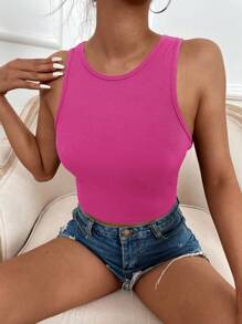 SHEIN LUNE 素色螺紋針織背心上衣 - 粉色 - 查看 3