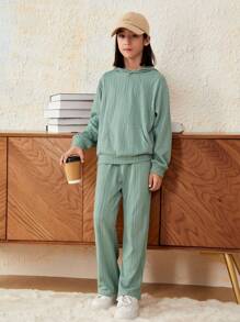 SHEIN Chico preadolescente Pantalones con capucha unicolor de hombros caídos - Verde - Ver 3