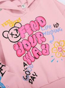 SHEIN Sudadera con hombros caídos y gráficos de dibujos animados y eslóganes para niña preadolescente, para otoño/invierno - Rosa Pálido - Ver 3