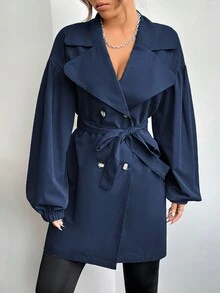 SHEIN EZwear Áo khoác dài tay có cổ có cổ có dây thắt lưng đôi - Màu xanh lam - Xem 2