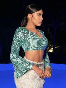 SHEIN SXY Rhinestone Detail Flare Sleeve Sequin Crop Top - Mint Green - View 5