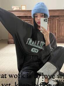 DAZY 字母圖案落肩大廓形套頭衫 - 深灰色 - 查看 6