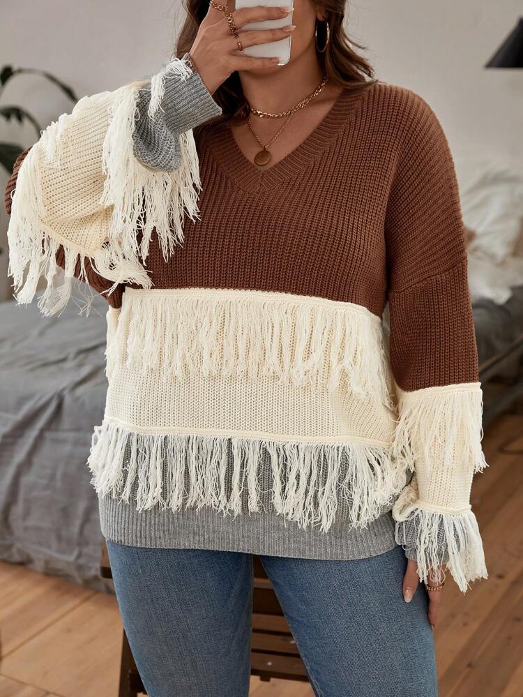 Plus Colorblock Fringe Trim Drop Shoulder Sweater