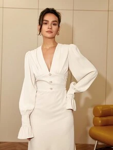 Đầm dài tay cổ chữ V màu trơn dáng đuôi cá dành cho nữ, đầm dạ hội thanh lịch, trang phục đi nghỉ mát, dự tiệc, áo Abaya, trang phục công sở thường ngày mùa xuân. - Màu be - Xem 6