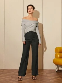 女式露肩长袖毛衣，性感露背上衣，春夏 - 灰色 - 查看 3