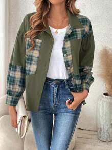 Breezaya Plaid Print Drop Shoulder Jacket - Army Green - View 4