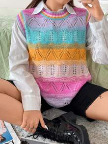 SHEIN Qutie 大碼1入組撞色網眼針織毛衣背心 - 彩色 - 查看 6