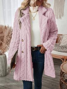 SHEIN LUNE Lapel Neck Double Breasted Teddy Coat - Pink - View 5
