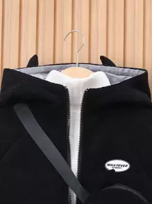 SHEIN Tween Boy Zip Up Patch Detail Hooded Padded Coat Without Sweater - Black - View 4