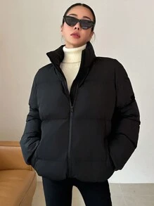 DAZY 拉链斜口袋加厚口袋大衣，冬季女式加厚大衣夹克 - 黑色 - 查看 5