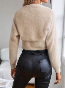 SHEIN Privé 素色絨毛針織上衣和開襟衫 - 卡其色 - 查看 2