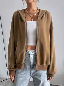 SHEIN Essnce Drop Shoulder Zip Up Hoodie - Khaki - View 4