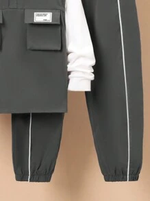 SHEIN 男大童字母貼布翻蓋口袋假兩件上衣&拼接滾邊長褲