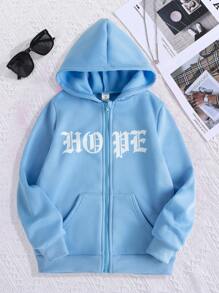 SHEIN 少女字母图案拉链保暖连帽衫 - 藍色 - 查看 1