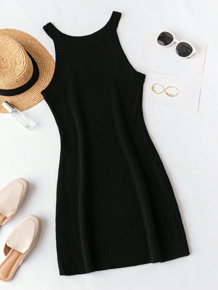 Plus Button Detail Ribbed Knit Cami Sweater Dress