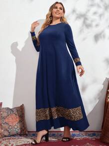 Mulvari 大碼豹紋印花A字洋裝 - 藏蓝色 - 查看 4