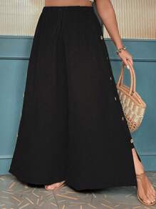 Calvaya 大碼紐扣細節闊腿褲 - 黑色 - 查看 6