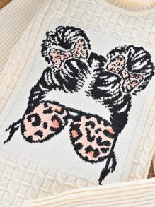 SHEIN 女大童人像圖案高領套頭毛衣 - 米色 - 查看 5