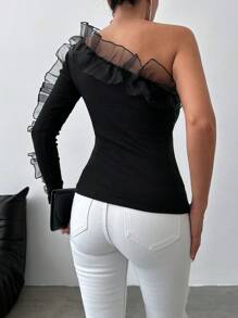 RueChic Women Ruffle Trim Tee - Black - View 2