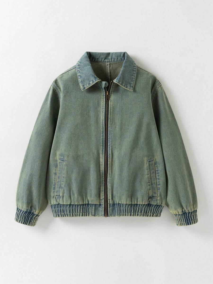Tween Boy Contrast Collar Zipper Denim Jacket - Dark Wash - View 1