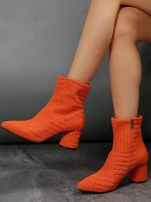 新風格粗跟純的顏色尖頭踝絲絨側拉鏈經典女性時尚靴子,優雅秋天&冬天橘色高跟鞋靴子 - 橘色 - 查看 1